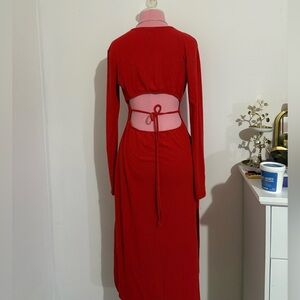 wild fable Red Ribbed Maxi Dress with Open Back Tie